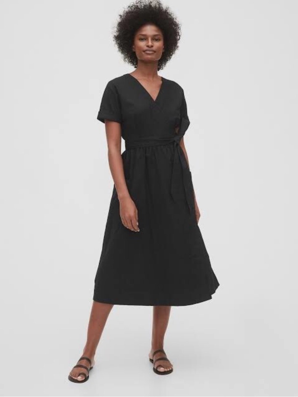 GAP Black Linen Wrap Dress with Tie Waist and Pockets, US 2